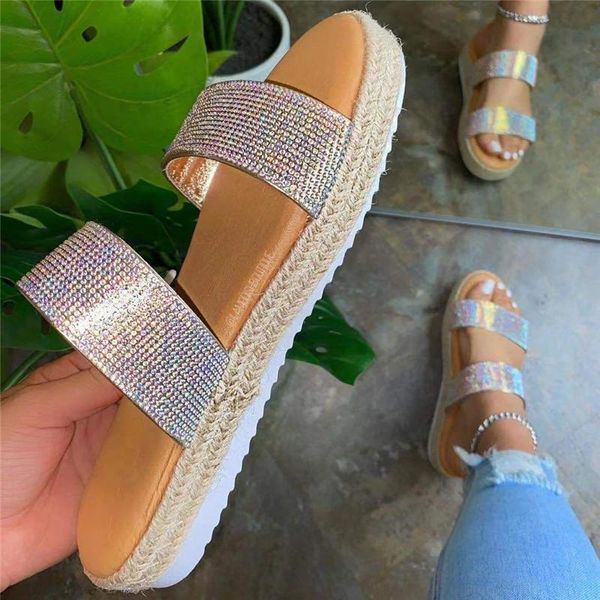 

summer rhinestone slippers women 2021 outdoor beach slippers flip flop flat platform sandals rope big size 35-43, Black