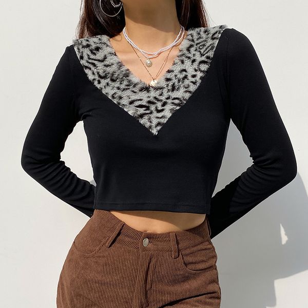 

furry collar v neck black cropped tshirt women autumn split long sleeve tee shirt femme casual elegant t-shirt ladies, White
