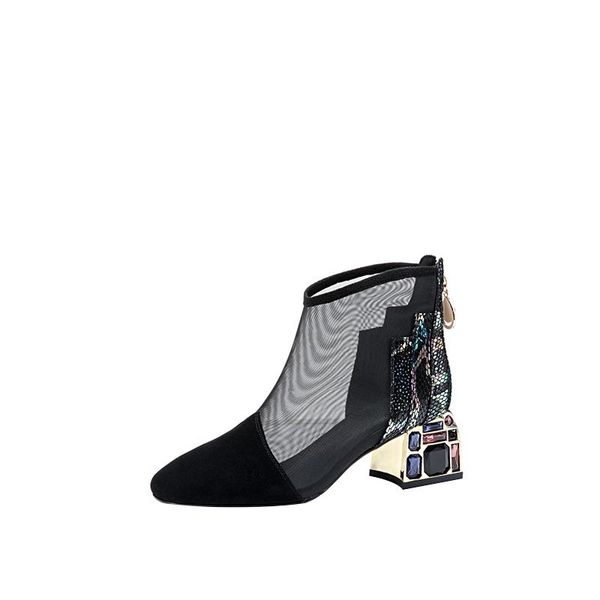

boots 2021 mesh sandals women ankle boot for summer mid heel rhinestone ponited toe shoes hollow out back zip black