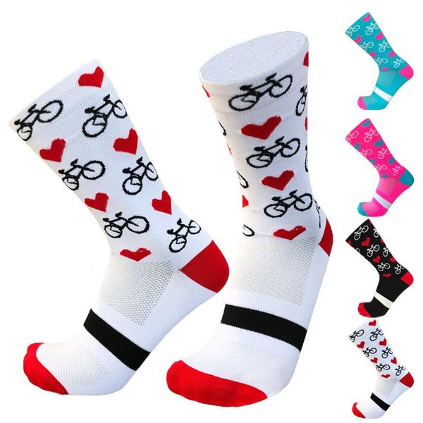 

sports socks professional sport pro cycling men women compression road bicycle mountain bike racing heart pattern, Black