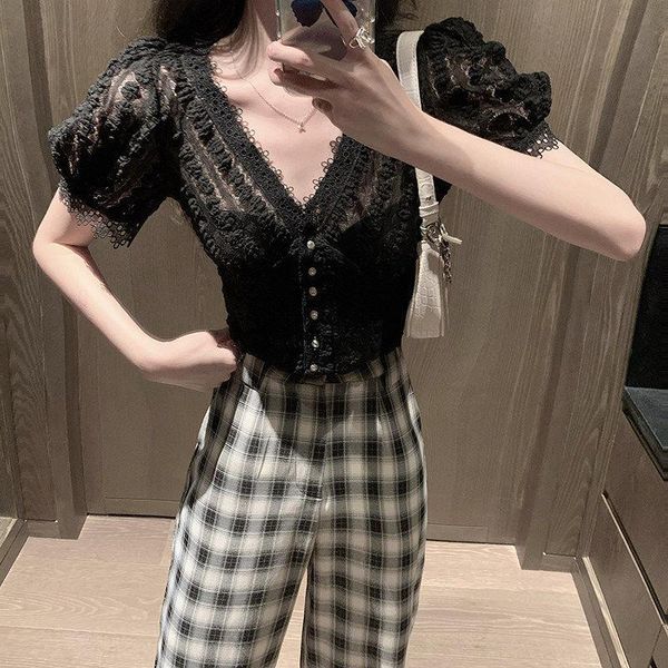 

women's blouses & shirts blouse women v-neck hollow lace shirt slim blusas ropa de mujer, White