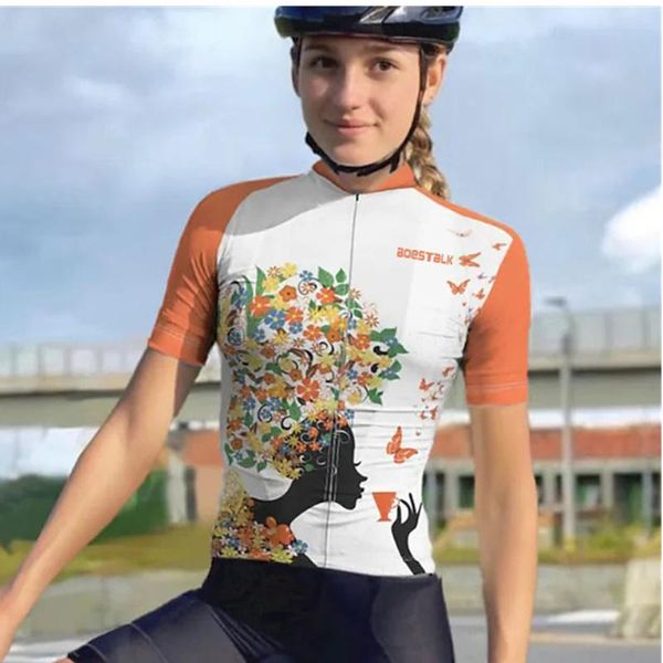 

racing sets 2021boestalk women's white butterfly flower plant summer shortsleeve cycling jersey quick-drying perspiration outdoor sport, Black;blue