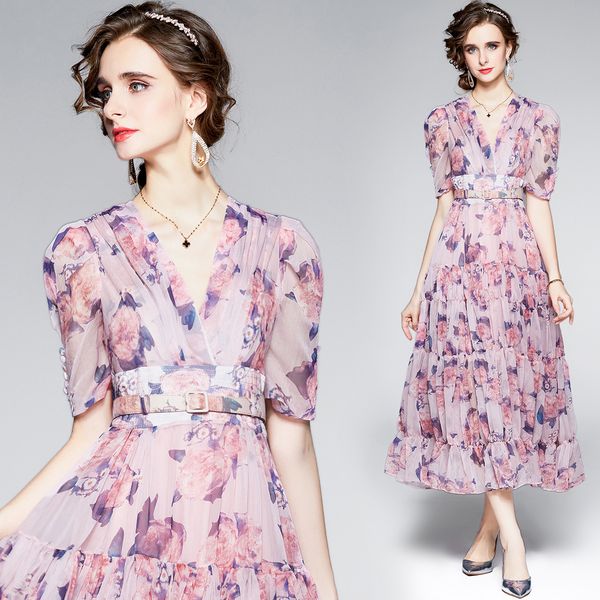 

summer royal sister light cooked wind tea break french fried street a-line skirt v-neck short sleeve pleated print lace up waist dress, Black;gray