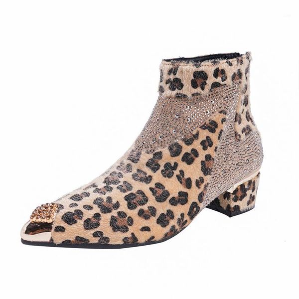 

boots womens metal pointy toe leopard pattern rhinestones ankle block heel shoes mixed colors 20211, Black