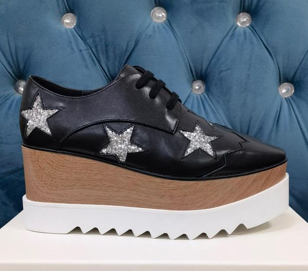 

baby outdoor women's derby mccartney women shoes platform black genuine leather upper silver glitter stars white sole stars shoes 35-41