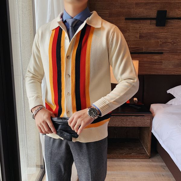 

new high 2021 quality fashion sweater jackets long sleeve male cardigan striped all game fine turn down collar pull homme 2 colors 7w7j, White;black