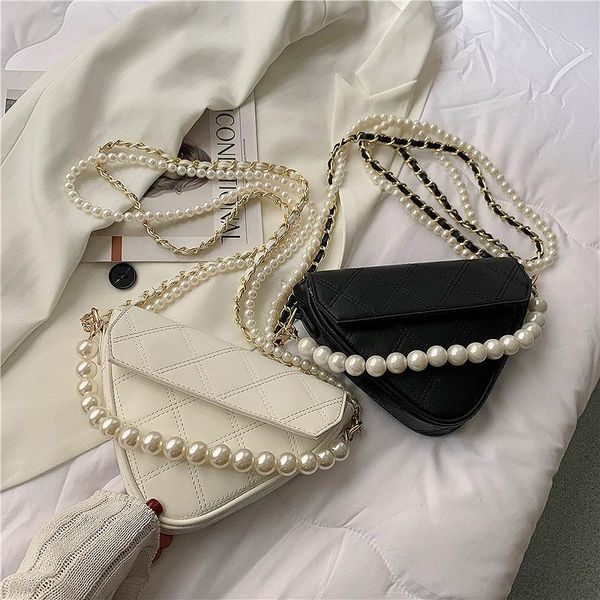 

waist bags beaded pearl chain small triangle pu leather handbags for women 2021 ladies simple shoulder crossbody purses
