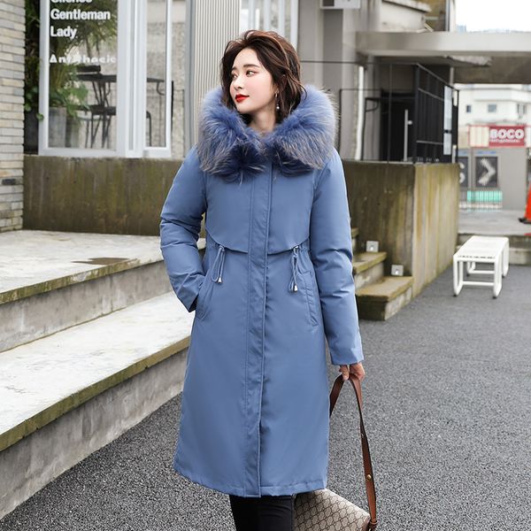 

2021 new korean style winter long women jackets solid casual ladies coats cold fur hooded female parkas with pockets for woman outwear cniy, Black