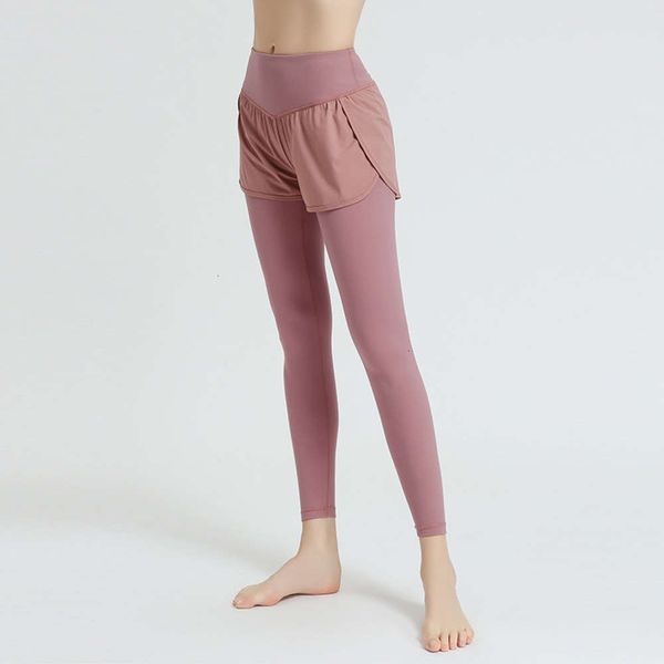 

2021nude yoga pants fake two piece suit sports capris fitness tights, Gray