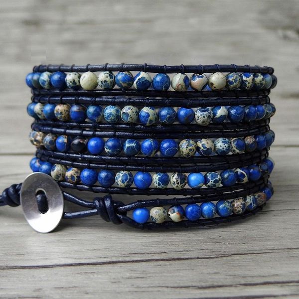 

tennis boho 5 wrap bracelet gypsy leather blue beads natural stone jewelry friendship gift, Golden;silver