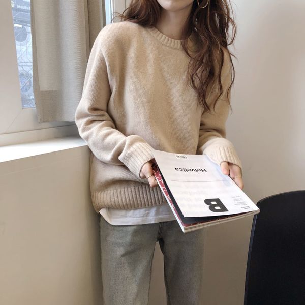 

women's knits & tees women harajuku sweaters autumn winter loose o neck solid color knitted jumper and pullover female warm basic sweet, White
