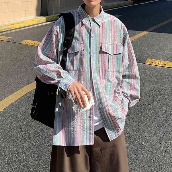 

men's casual shirts shirt streetwear rainbow fashion stripe long sleeve casual button-down men's pocket decoration chemise homme e, White;black