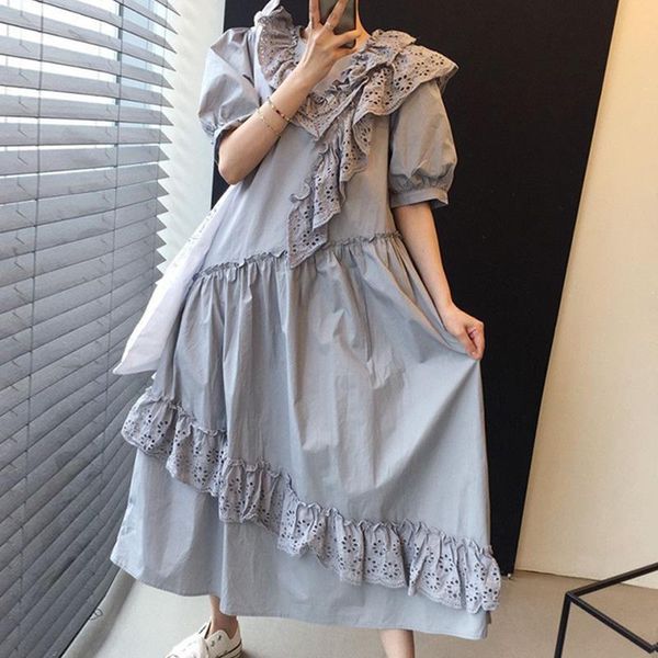 

party dresses [ewq] women white big size lace hollow stitching dress round neck short puff sleeve fashion tide summer 2021 16w593, White;black