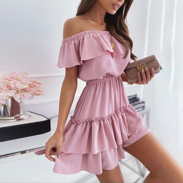

casual fashion pink slash neck women dresses mini summer off shoulder ruffle stitching woman elegant party, Black;gray