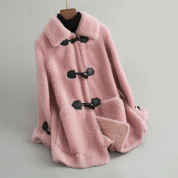 

2021 autumn winter fashions lamb lambskin lady coat granular sheep cut female jacket warm casual outerwear l62 375a, Black
