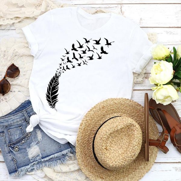

men graphic feather bird t shirt flying simple short sleeve cute 90s tees print clothing female mens, White;black