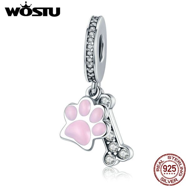 Wostu Nova Coleção 925 Esterlina Prata Animal Dog Pegada Dog Bone Pingente Charme Fit Beads Bracelet DIY Jóias CQC452 Q0531