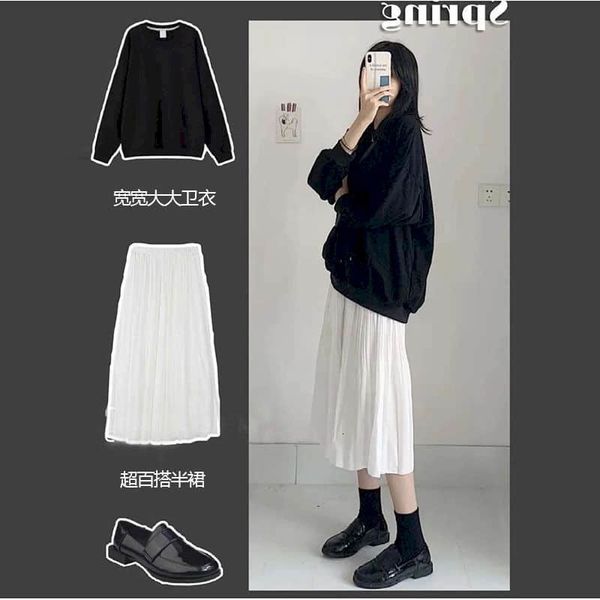 

two piece dress spring student hong kong style suit female fashion sweater + pleated skirt two-piece elegant college streetwear tp, White