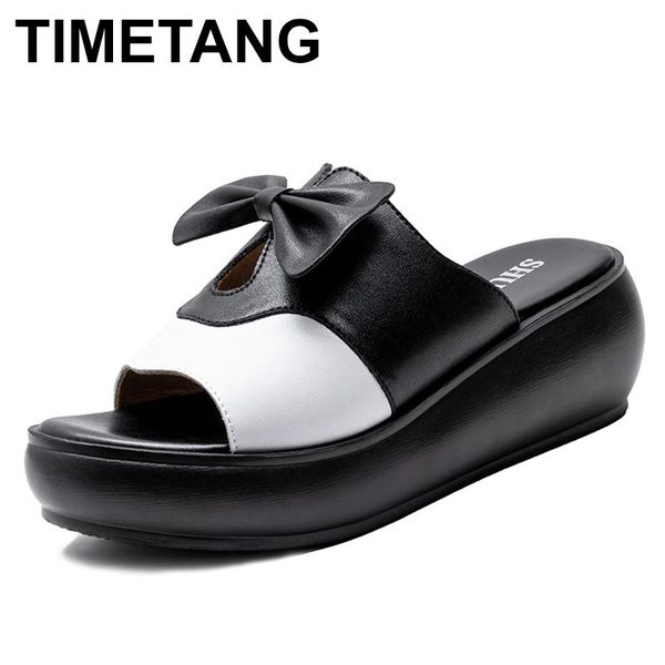 

slippers timetang sandals women genuine leather wedges heels woman platform summer shoes butterfly-knot thongs, Black