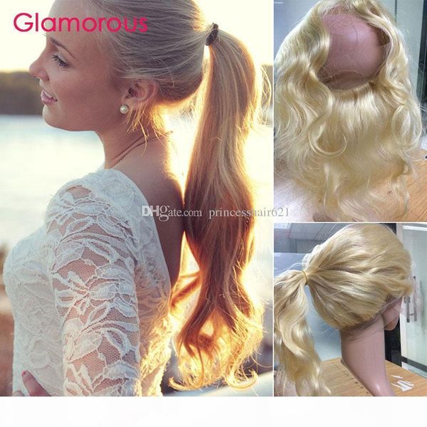 

glamorous blonde hair 360 frontal #613 brazilian body wave straight human hair full lace frontal peruvian indian russian round lace closures, Black;brown