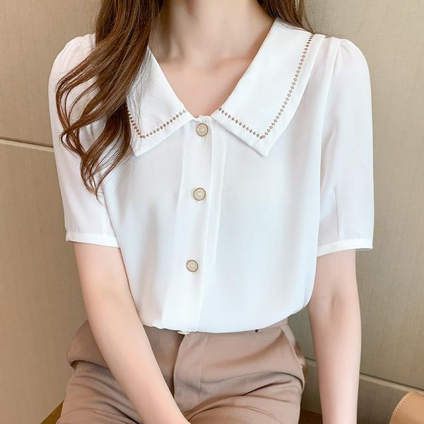 

women's blouses & shirts retro solid color white chiffon shirt female loose short sleeve doll collar lady simple style