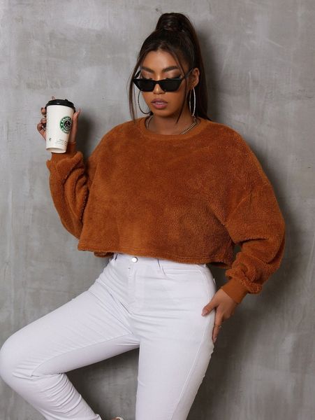 

plus drop shoulder teddy sweatshirt 125a#, Black