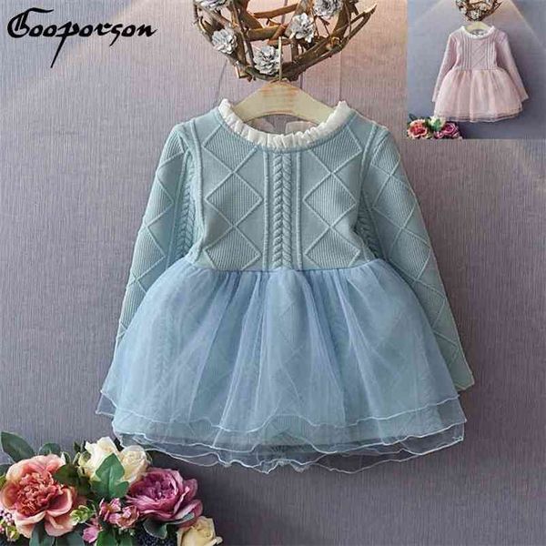 

autumn spring children's sweater dress kids girls dress knit long-sleeve princess dress stitched winter baby mesh poncho 210715, Red;yellow