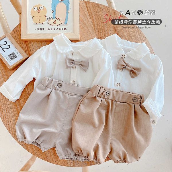 Primavera outono bebê meninos brancos camisa de manga longa e shorts bonitos 2pcs conjuntos pequenos roupas cavalheiros x0802