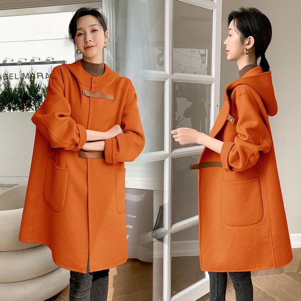 

women's wool & blends double sided cashmere coat autumn and winter 2021 small korean loose hooded double-sided tweed medium long, Black
