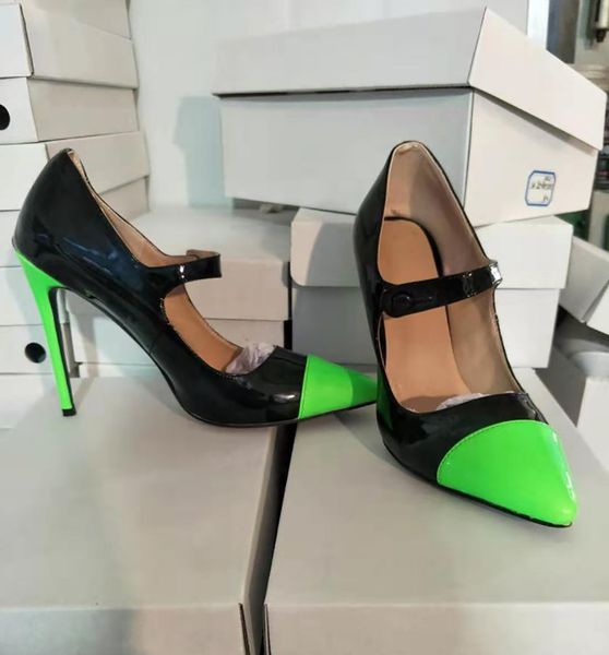 Immagini reali fatte a mano da donna scarpe eleganti con tacco a spillo scarpe Mary Janes patchwork in pelle a punta serale festa prom moda décolleté nero verde D753-1