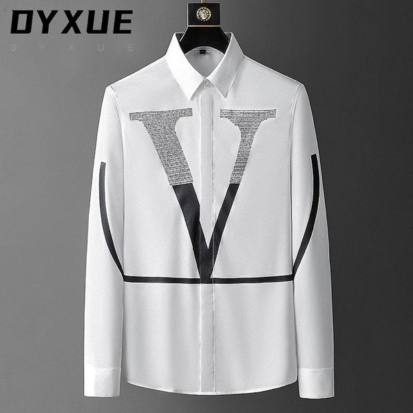 

men's casual shirts rhinestone letter brand designer men long sleeve business dress slim streetwear social shirt, White;black