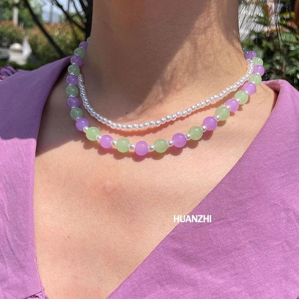 

pendant necklaces hz 2021 korean trendy 2pcs/set colorful resin liuli bead pearl necklace for women summer beach vacation ins jewelry, Silver