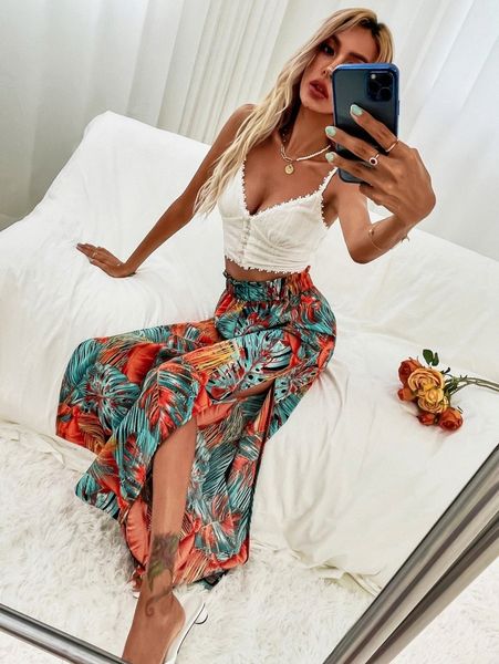 

plants print split thigh pants q8kx#, Black;white