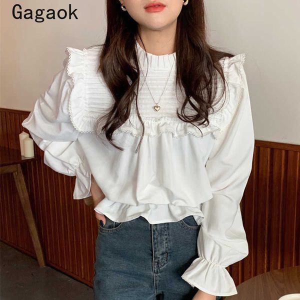 

women blouses spring autumn solid stand vintage ruffles flare sleeve wild shirts korean chic fashion blouse 210531, White