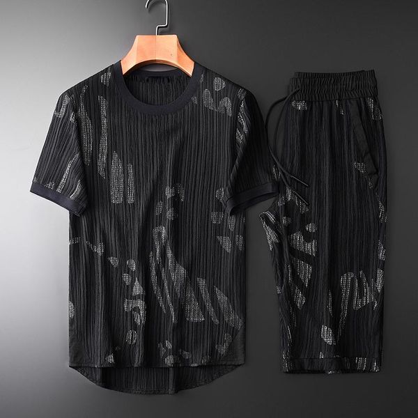 

men's tracksuits brand summer mens sets (t-shirts+pants) luxury printed short sleeve man plus size 4xl wrinkles fashion slim fit men, Gray