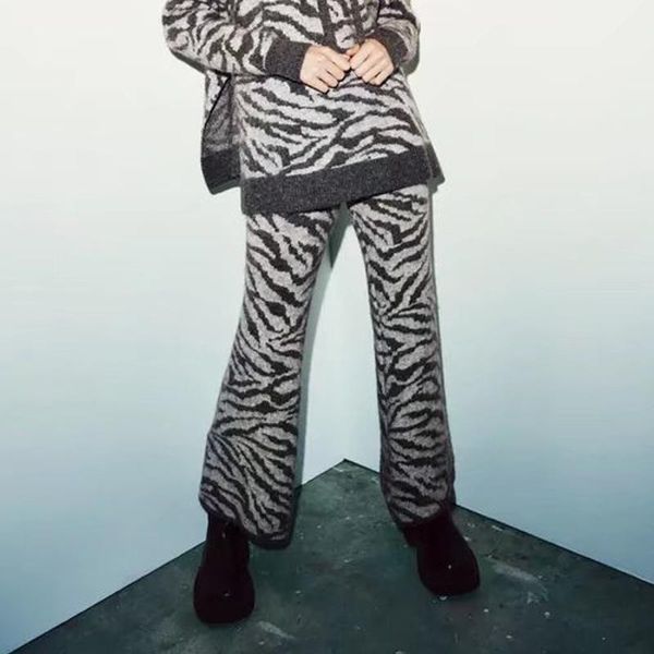 

women's pants & capris women autumn za alpaca flare 2021 fashion leopard elastic waist female casual street full length pant trousers, Black;white