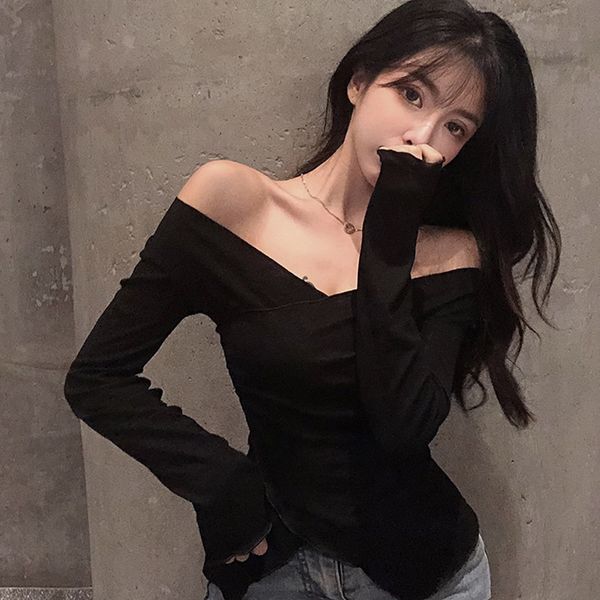

women long sleeve bottoming shirt split v-neck t-shirt fashion strapless t-shirt 210302, White