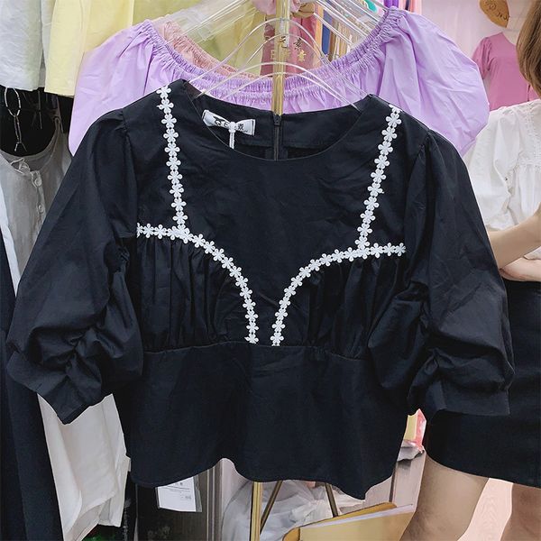 

harvest style back white court summer shirt for short women puff sleeve lace all-match round blouse black blouses 7c9k
