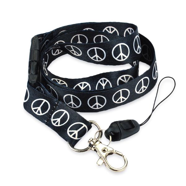 Whole 12pcs/lot "White Peace" Black Keychain Polyester s Mobile Lanyard ID Badge Holder KeyHook