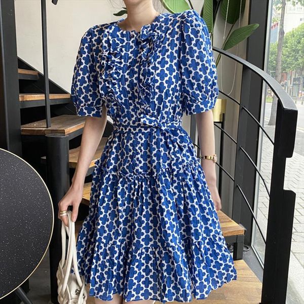 

[ewq] summer printed women dress o neck fashion knee length ruffles waist puff sleeve midi ladies robe qb472, Black;gray