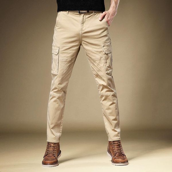 

casual men cargo pants khaki loose straight cotton trousers, Black