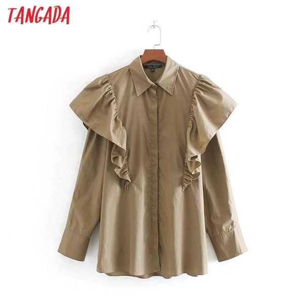 

women's blouses & shirts tangada women oversize ruffle cotton blouse turn down collar long sleeve chic shirt blusas femininas ce162, White