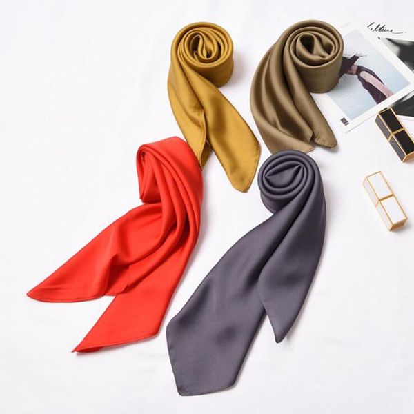 

Fashion Solid Kerchief Women Head Scarf For Hair Pink Green White Silk Neck Scarfs Female 70cm*70cm Square Bandanas Lady Scarves, Blue;gray