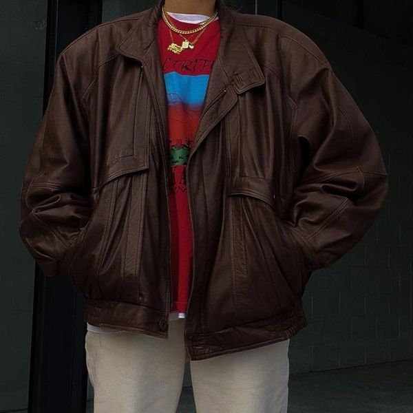 

women's leather & faux novalya stand collar high imitation coats women fashion loose pu jacket elegant spring solid female ladies, Black