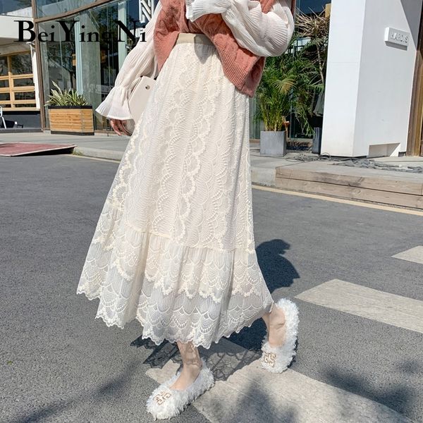 

beiyingni fashion midi women's skirt hollow out lace korean casual a line skirt simple long elegant street ol faldas mujer 210309, Black
