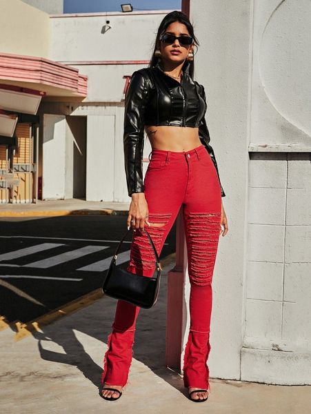 

high waisted ripped raw hem jeans g4sn#, Blue