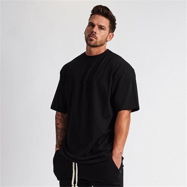 

plain gym clothing fitness wear oversized t shirt men hip hop sportswear loose short sleeve t-shirt muscle bodybuilding tshirt 210721, White;black