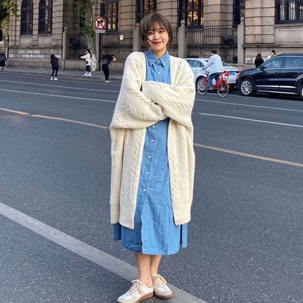 

fashion sweater medium length white twist long women's sleeve autumn winter 2020 new korean loose knit cardigan luxury, White;black