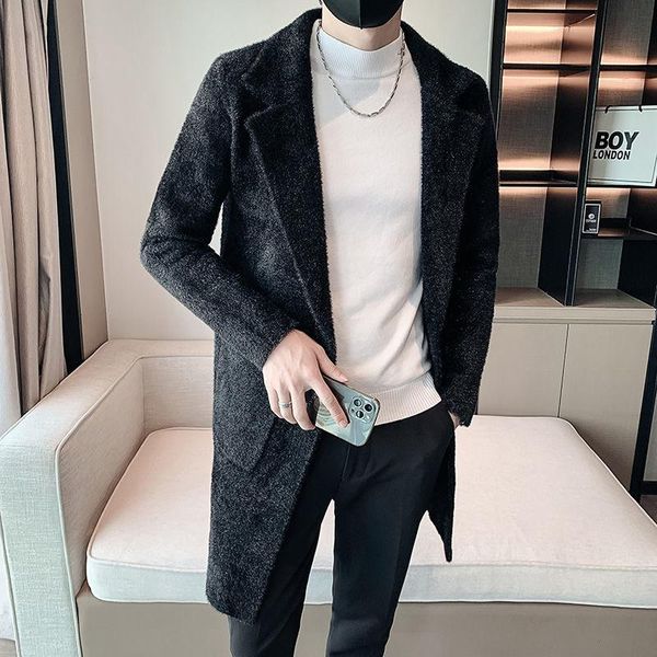 

men's wool & blends fall winter solid color imitation mink long windbreaker coat men thick warm jacket korean suit collar blend trench, Black