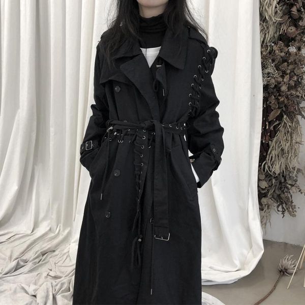 

women's trench coats men and women drawstring over the knee mid-length coat spring autumn personality black windbreaker 2021 g287, Tan;black